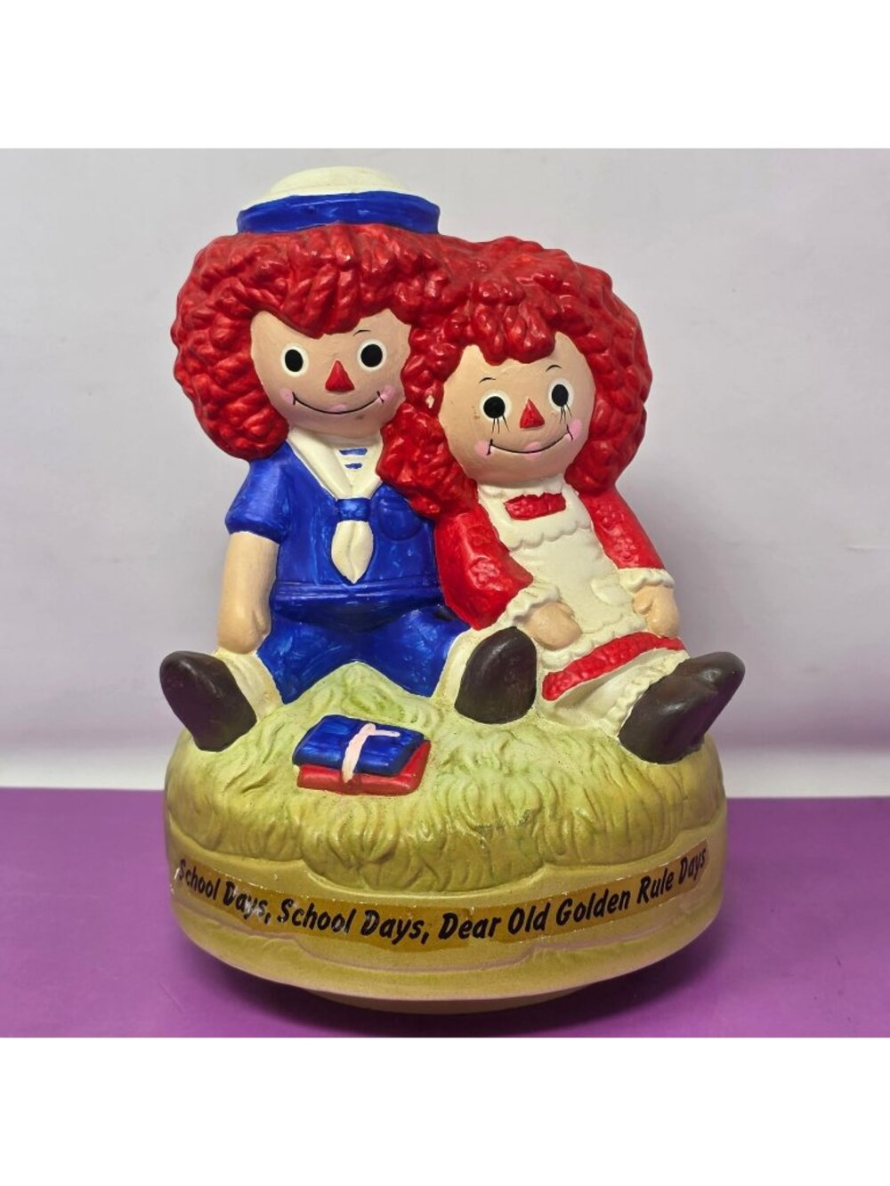Raggedy Ann & Andy Sankyo Ceramic Music Box "School Days" Vintage Figurine